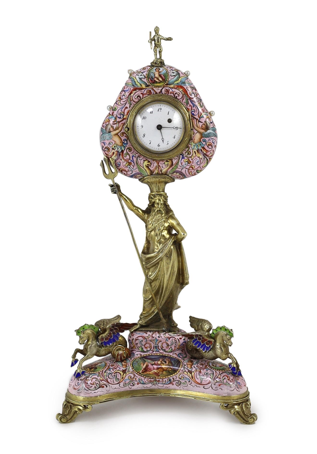 A 19th century Austrian silver-gilt and painted enamel timepiece, Karl Bender, c.1880, width 12cm, height 24cm